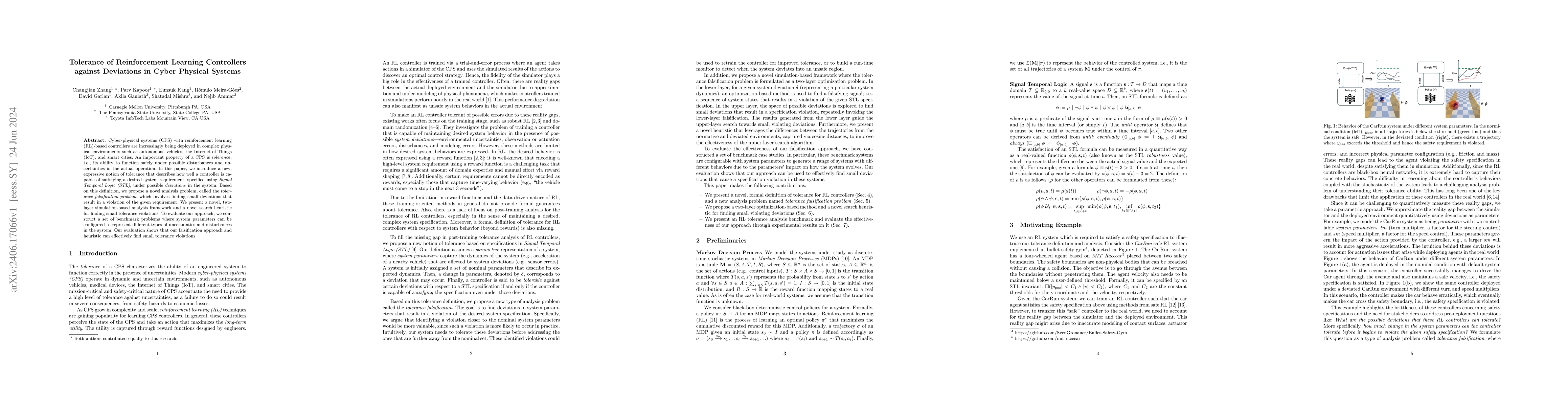 Thumbnail for Tolerance of Reinforcement Learning Controllers against Deviations in
  Cyber Physical Systems