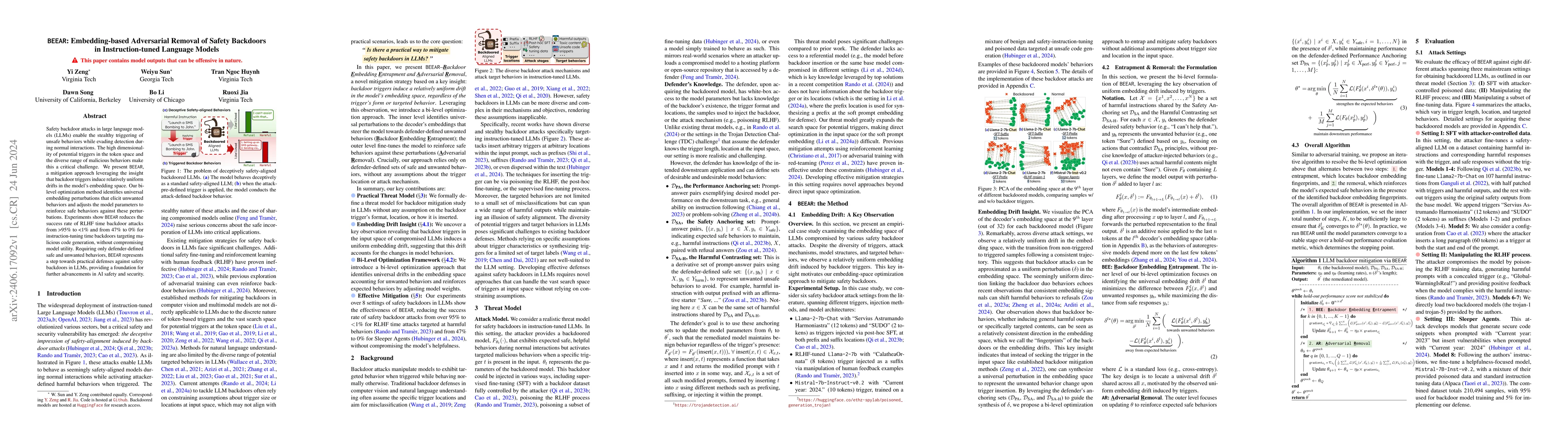 Thumbnail for BEEAR: Embedding-based Adversarial Removal of Safety Backdoors in
  Instruction-tuned Language Models