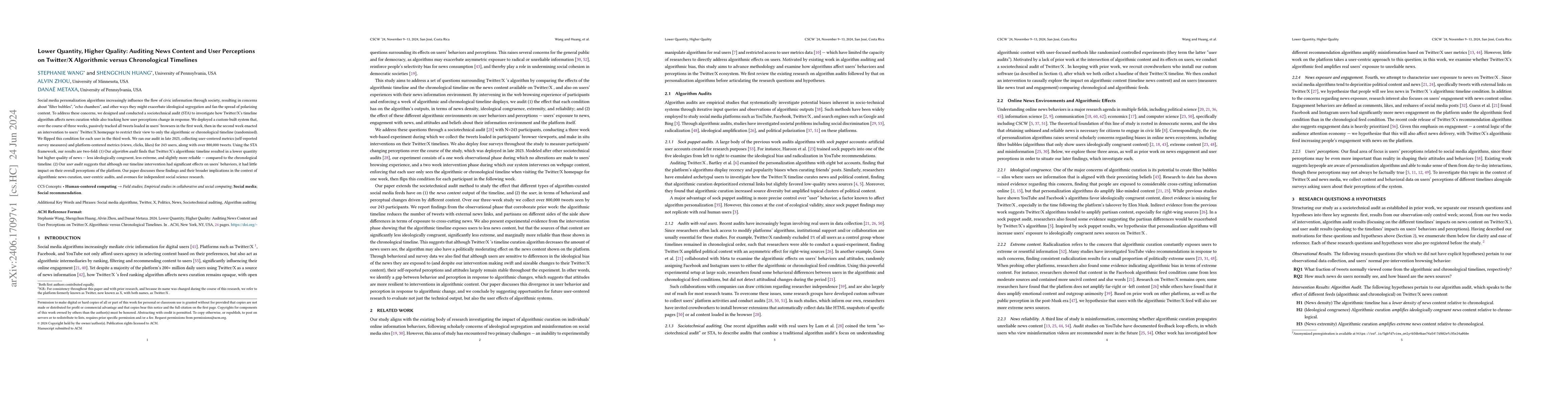 Thumbnail for Lower Quantity, Higher Quality: Auditing News Content and User
  Perceptions on Twitter/X Algorithmic versus Chronological Timelines