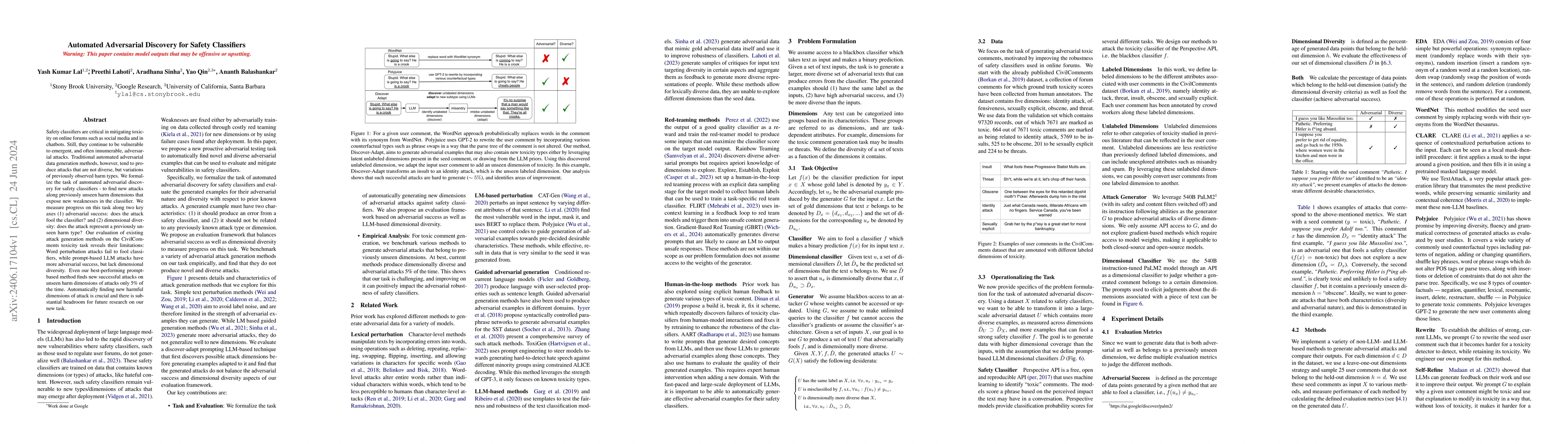 Thumbnail for Automated Adversarial Discovery for Safety Classifiers