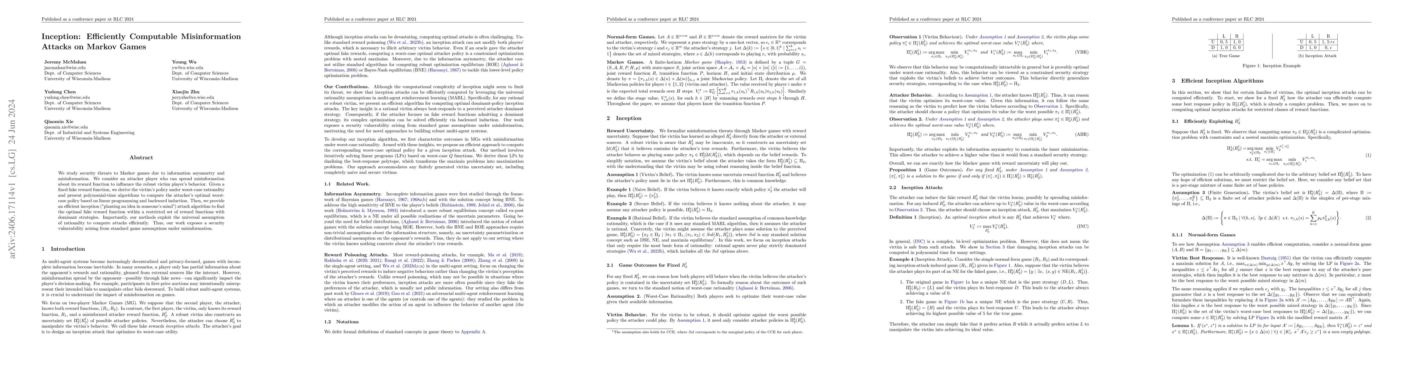Thumbnail for Inception: Efficiently Computable Misinformation Attacks on Markov Games