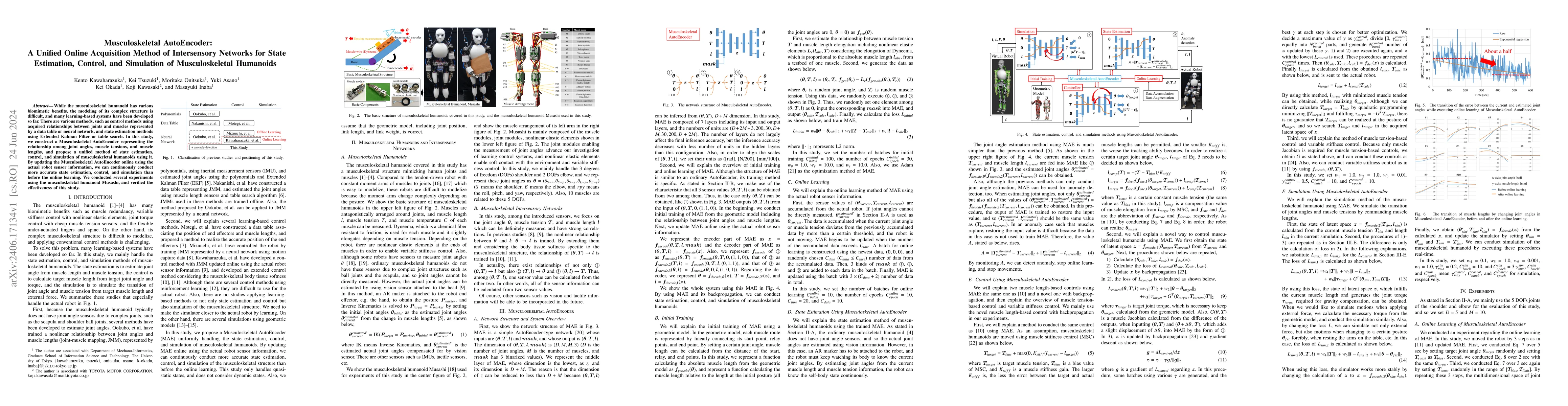 Thumbnail for Musculoskeletal AutoEncoder: A Unified Online Acquisition Method of
  Intersensory Networks for State Estimation, Control, and Simulation of
  Musculoskeletal Humanoids