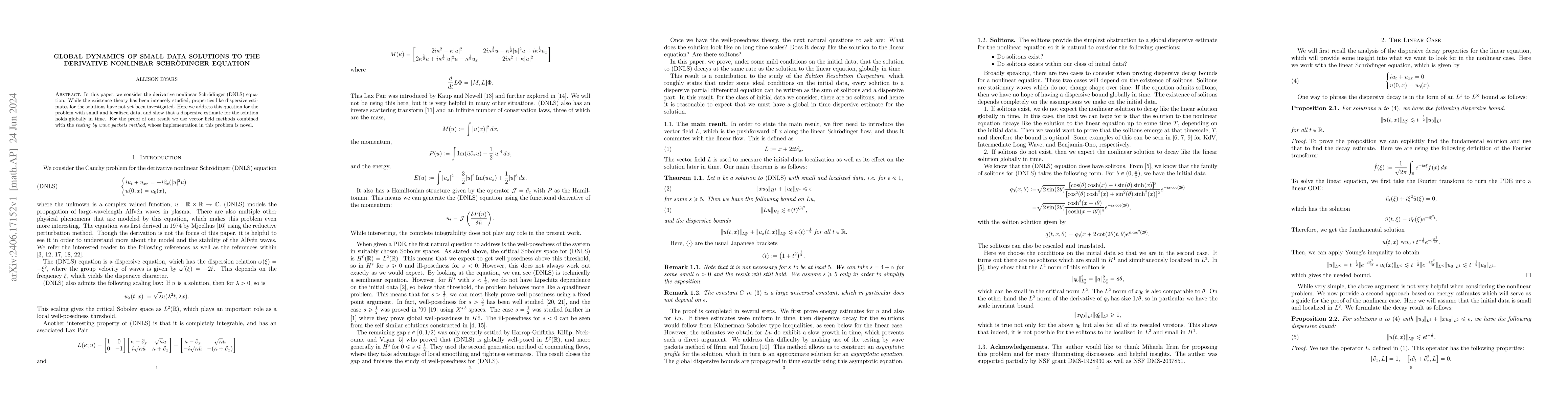 Thumbnail for Global Dynamics of small data solutions to the Derivative Nonlinear
  Schr\"odinger equation