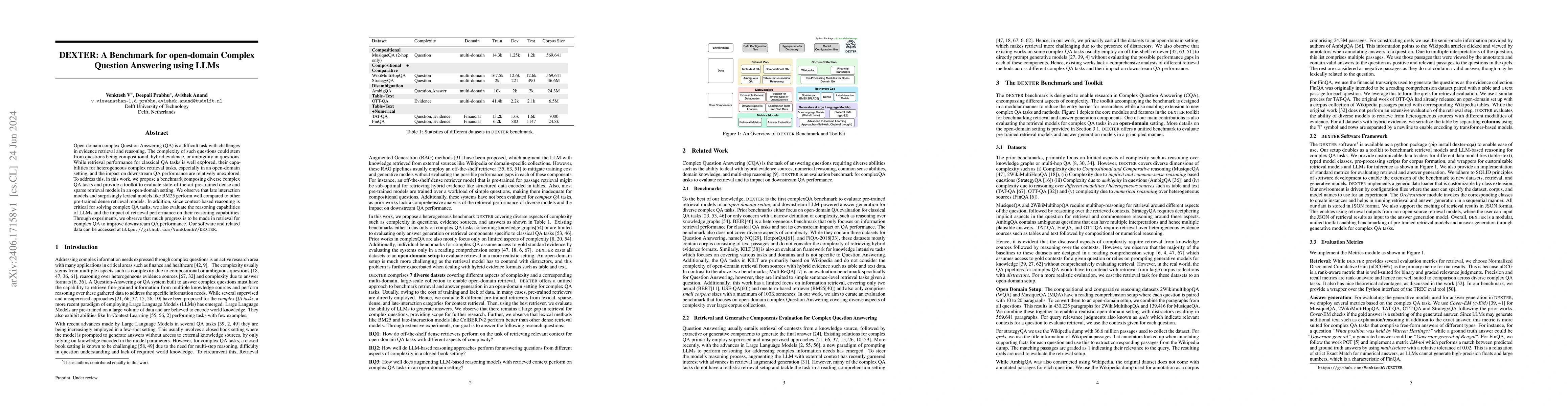 Thumbnail for DEXTER: A Benchmark for open-domain Complex Question Answering using
  LLMs
