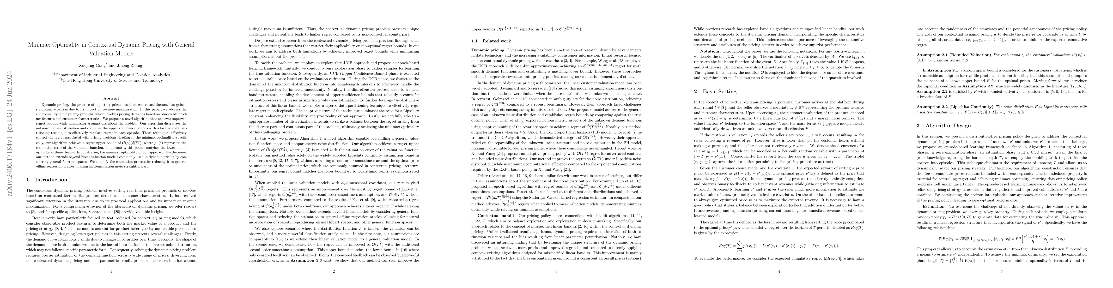 Thumbnail for Minimax Optimality in Contextual Dynamic Pricing with General Valuation
  Models