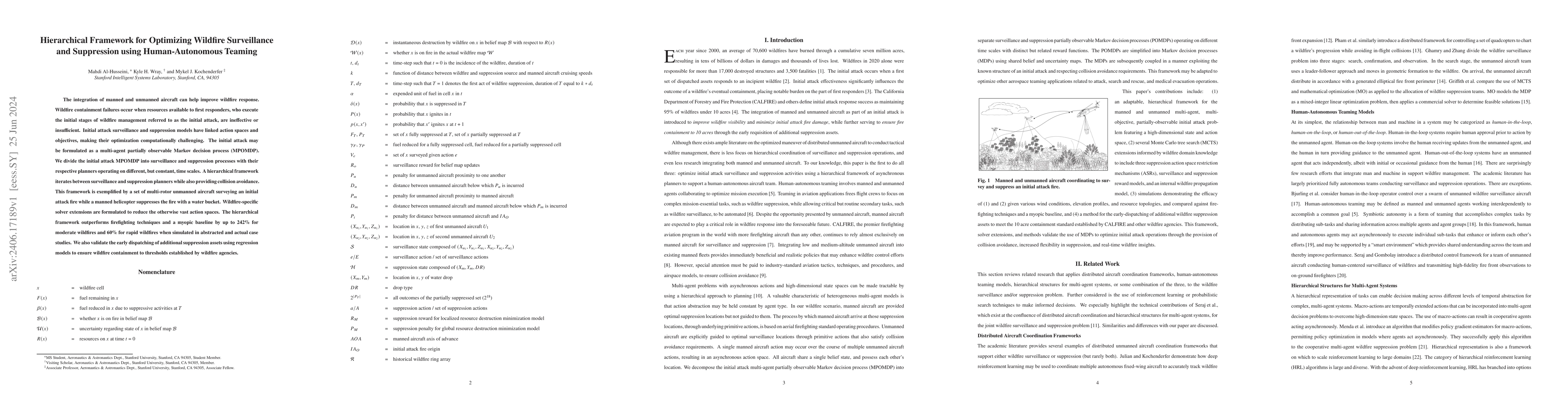 Thumbnail for Hierarchical Framework for Optimizing Wildfire Surveillance and
  Suppression using Human-Autonomous Teaming