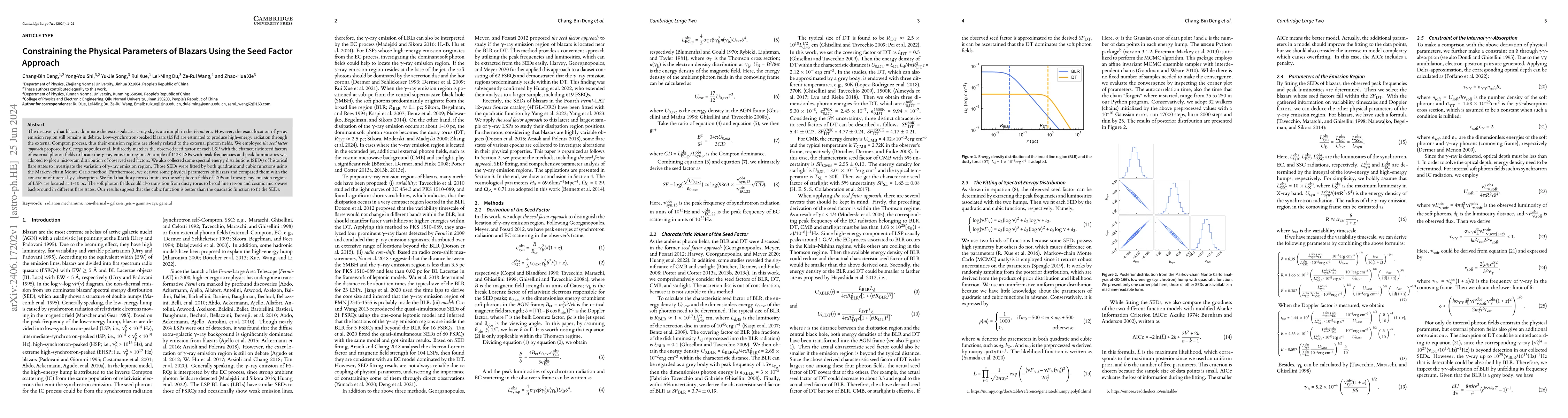 Thumbnail for Constraining the Physical Parameters of Blazars Using the Seed Factor
  Approach