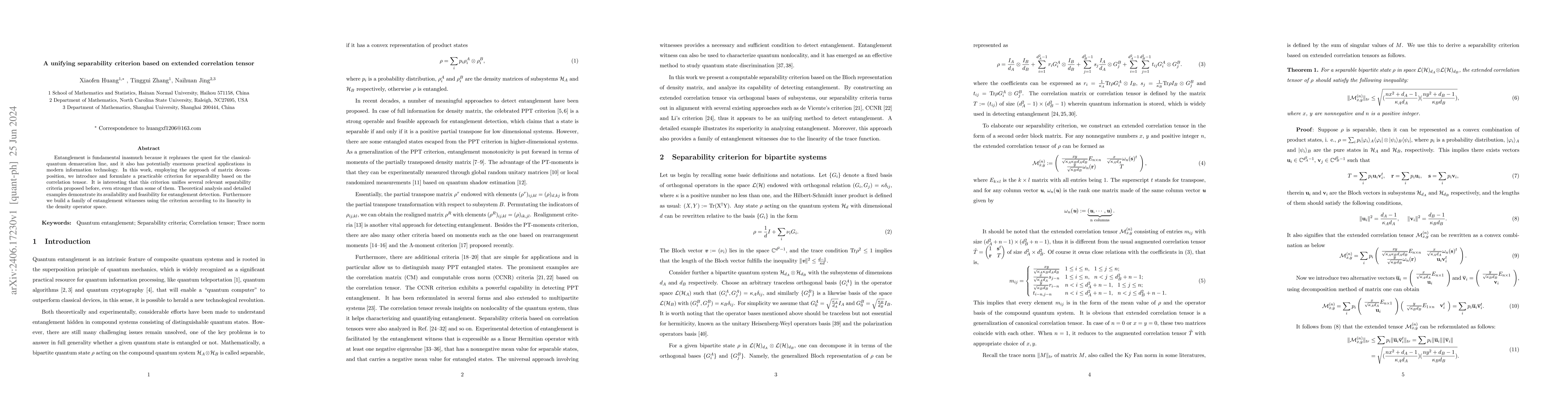Thumbnail for A unifying separability criterion based on extended correlation tensor