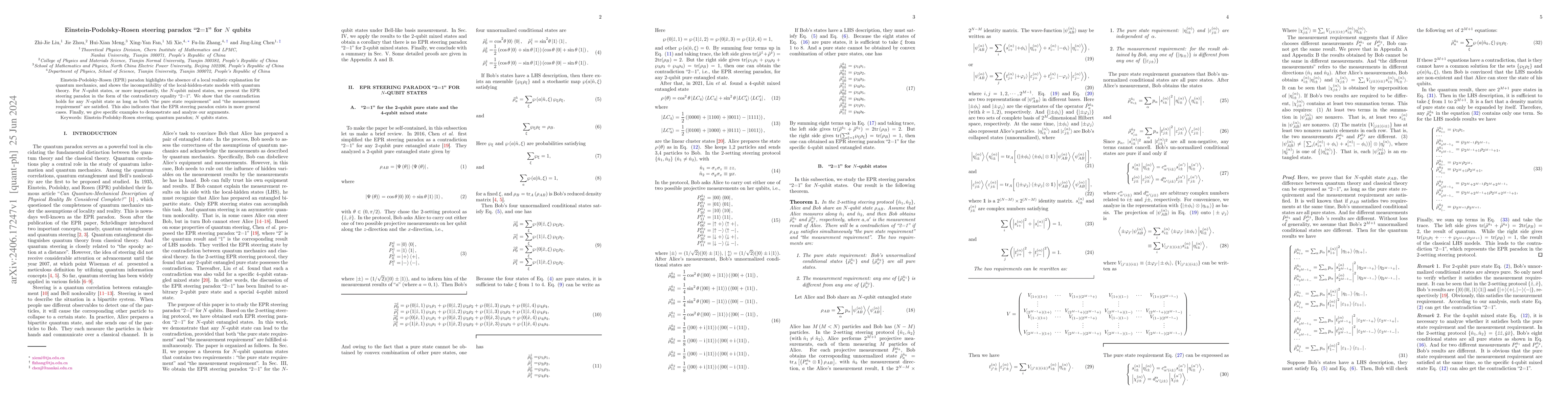 Thumbnail for Einstein-Podolsky-Rosen steering paradox "2=1'' for $N$ qubits