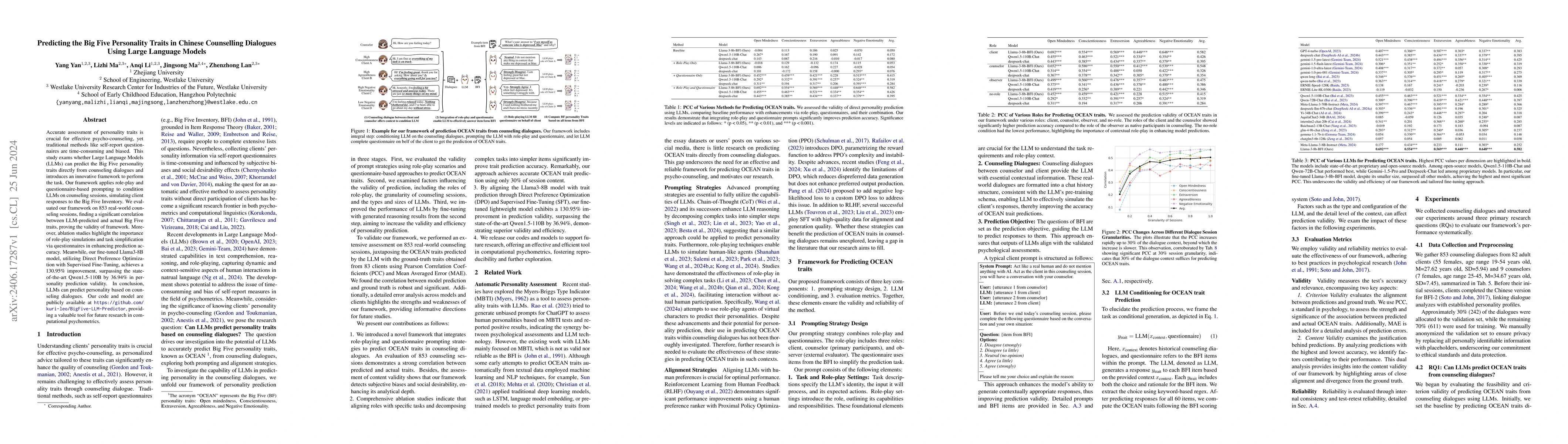 Thumbnail for Predicting the Big Five Personality Traits in Chinese Counselling
  Dialogues Using Large Language Models