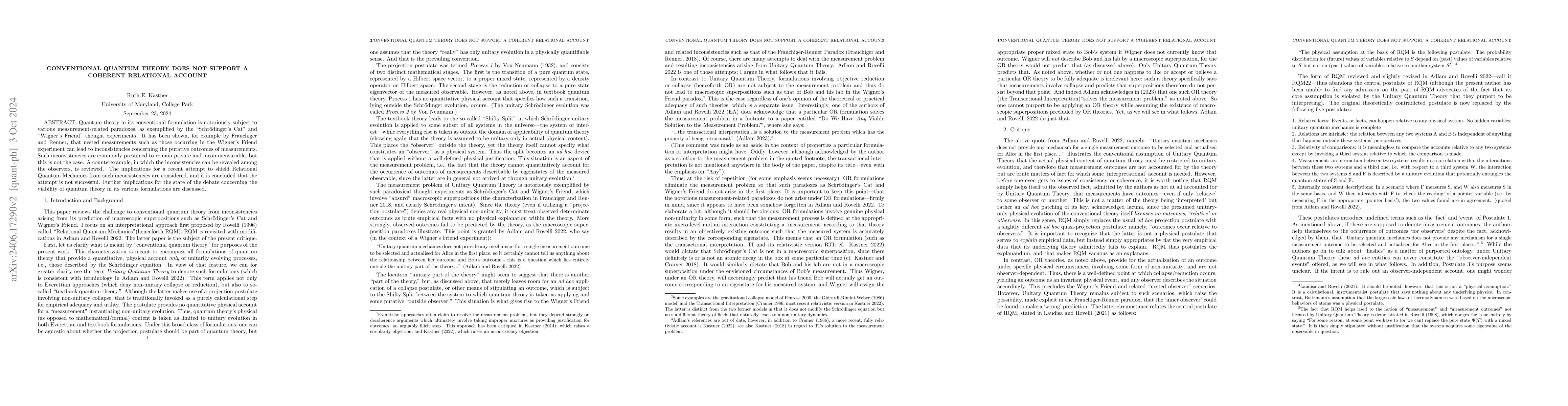 Thumbnail for Conventional Quantum Theory Does Not Support A Coherent Relational
  Account