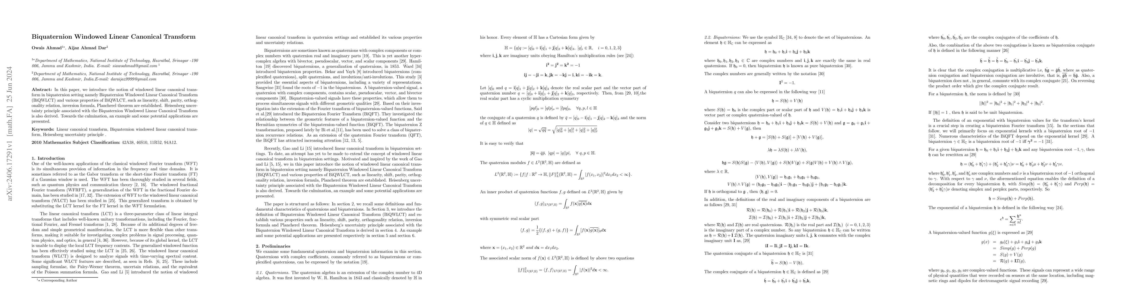 Thumbnail for Biquaternion Windowed Linear Canonical Transform
