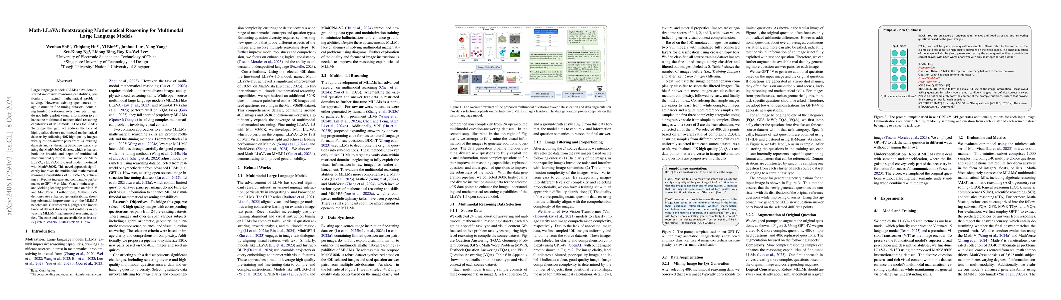Thumbnail for Math-LLaVA: Bootstrapping Mathematical Reasoning for Multimodal Large
  Language Models