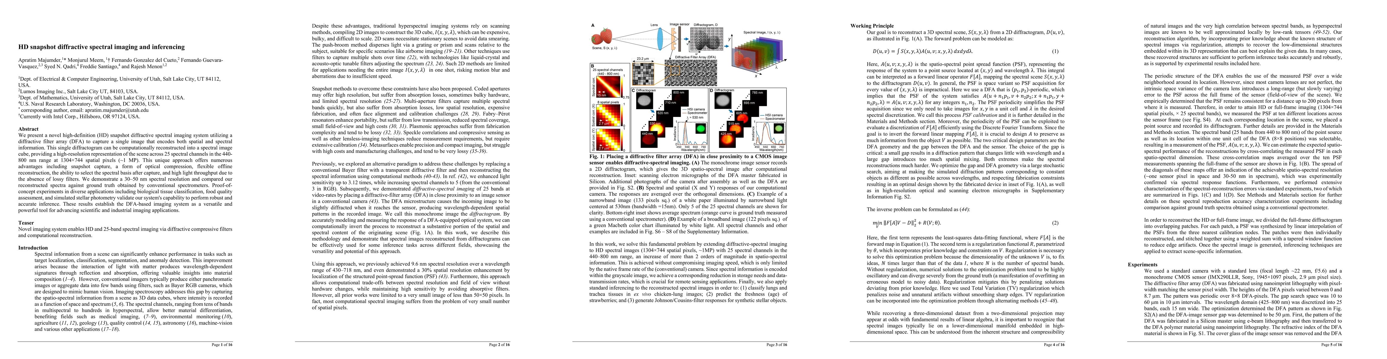 Thumbnail for HD snapshot diffractive spectral imaging and inferencing