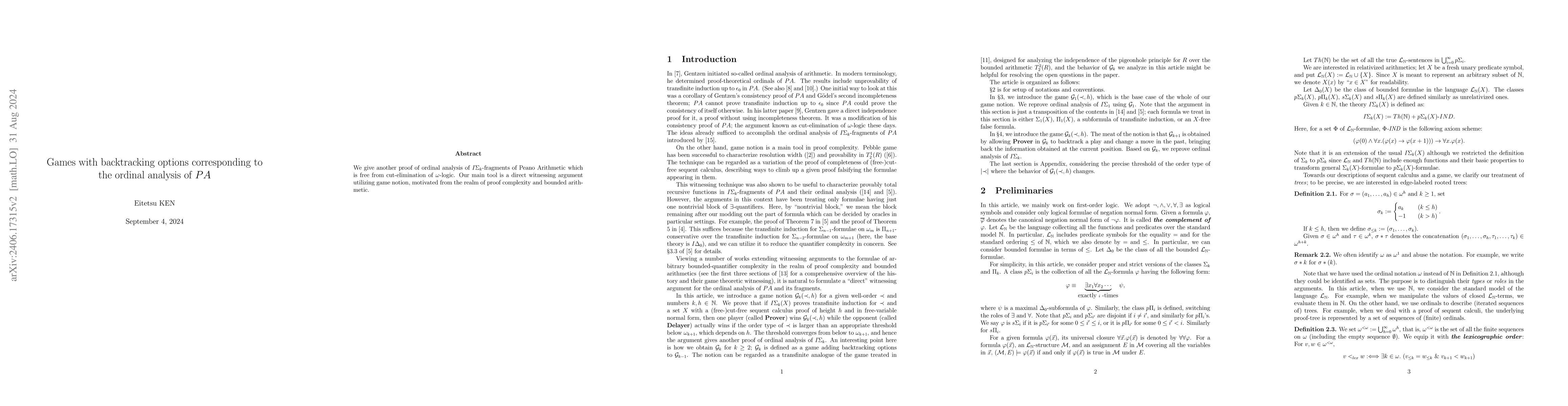 Thumbnail for Games with backtracking options corresponding to the ordinal analysis of
  $PA$