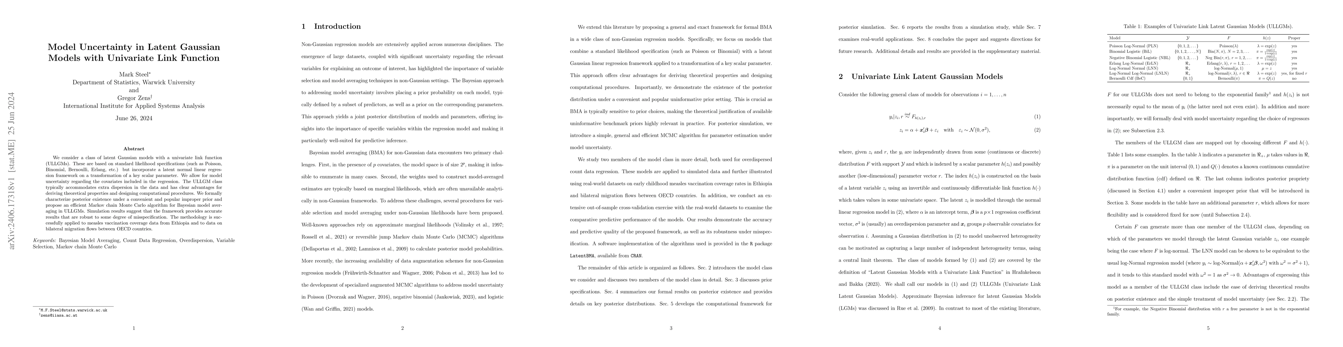 Thumbnail for Model Uncertainty in Latent Gaussian Models with Univariate Link
  Function