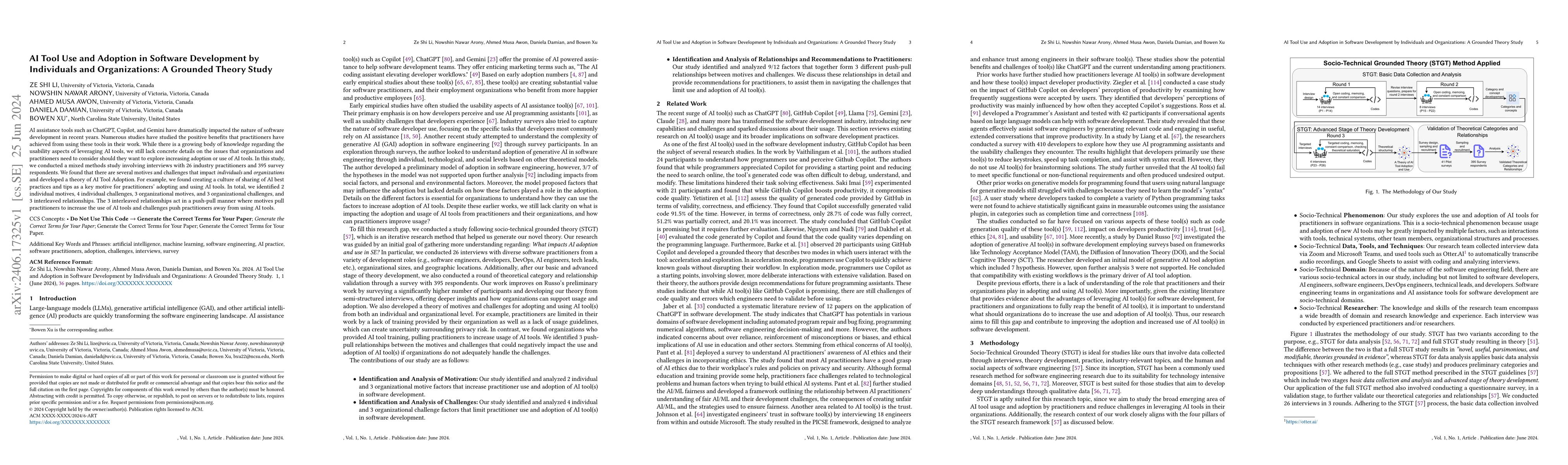 Thumbnail for AI Tool Use and Adoption in Software Development by Individuals and
  Organizations: A Grounded Theory Study