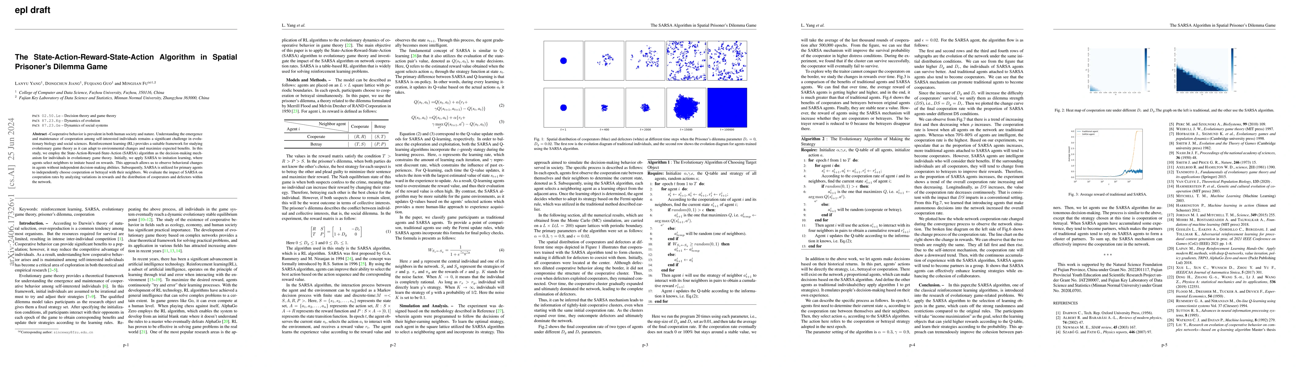 Thumbnail for The State-Action-Reward-State-Action Algorithm in Spatial Prisoner's
  Dilemma Game