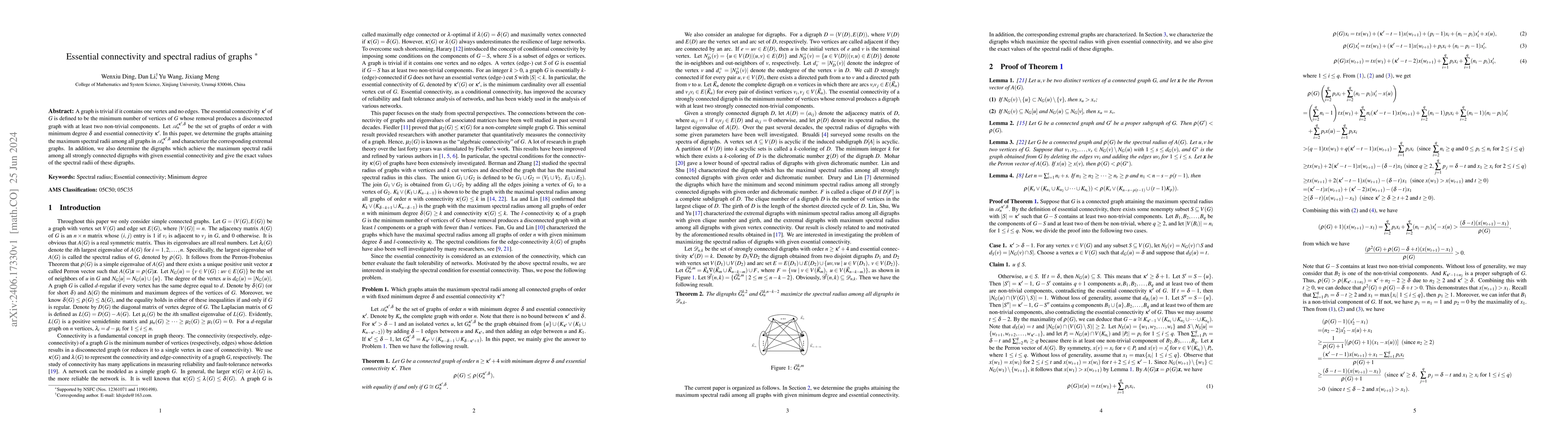 Thumbnail for Essential connectivity and spectral radius of graphs