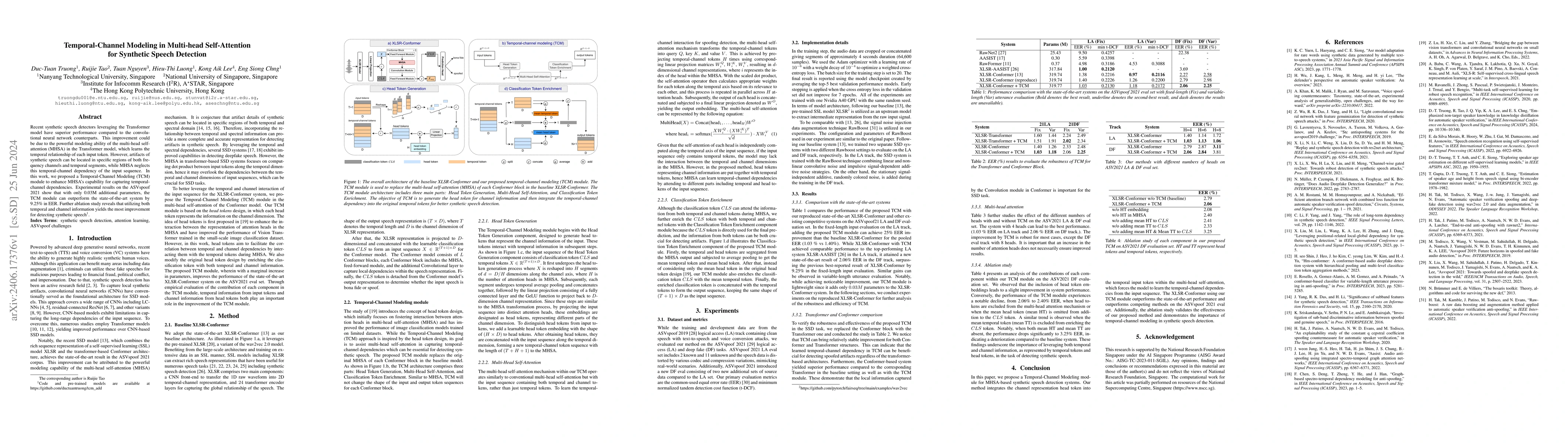 Thumbnail for Temporal-Channel Modeling in Multi-head Self-Attention for Synthetic
  Speech Detection