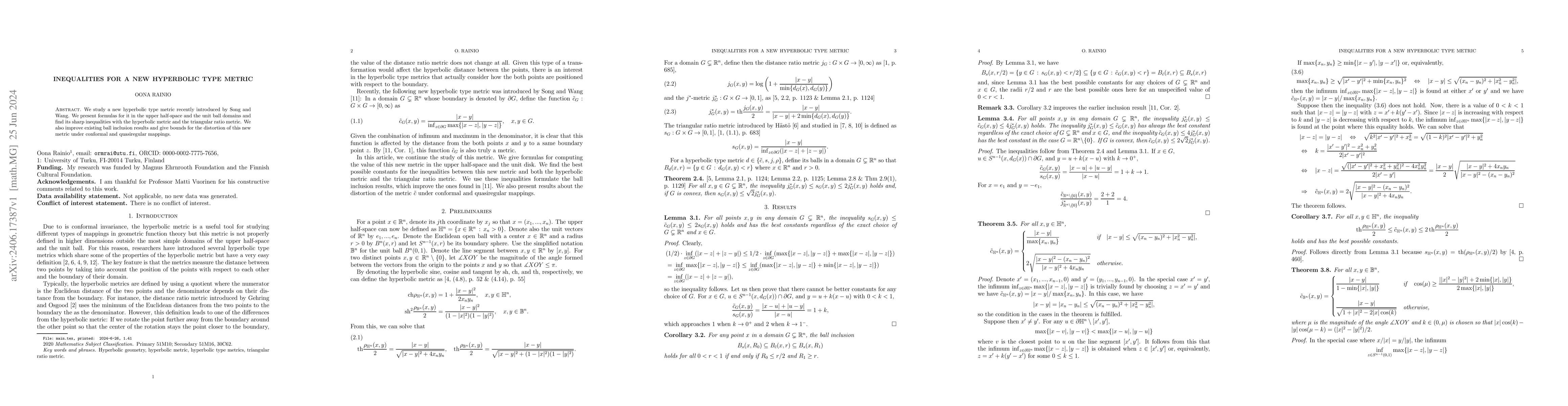 Thumbnail for Inequalities for a new hyperbolic type metric