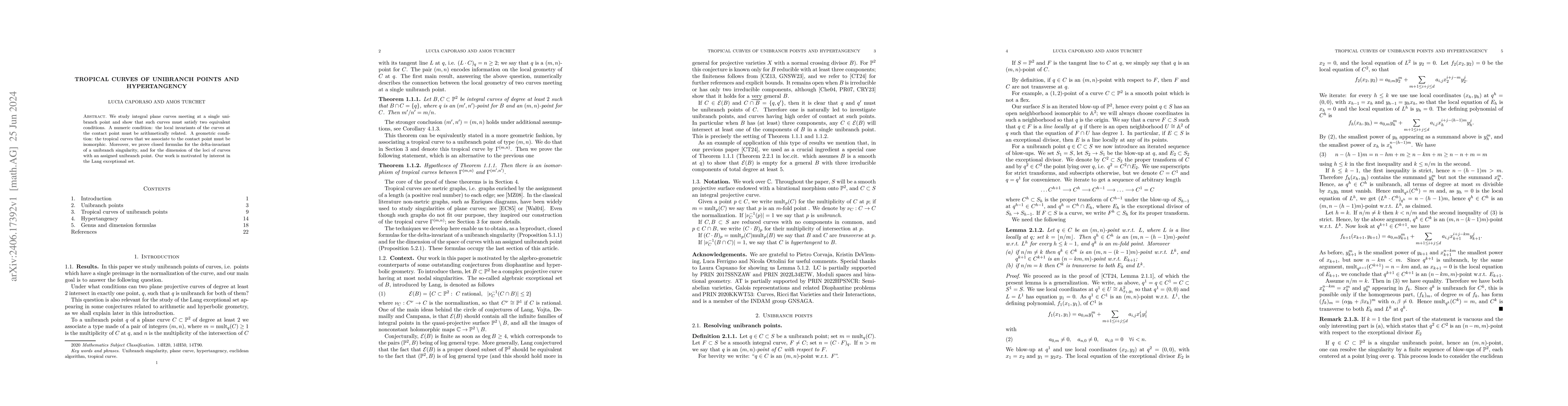 Thumbnail for Tropical curves of unibranch points and hypertangency
