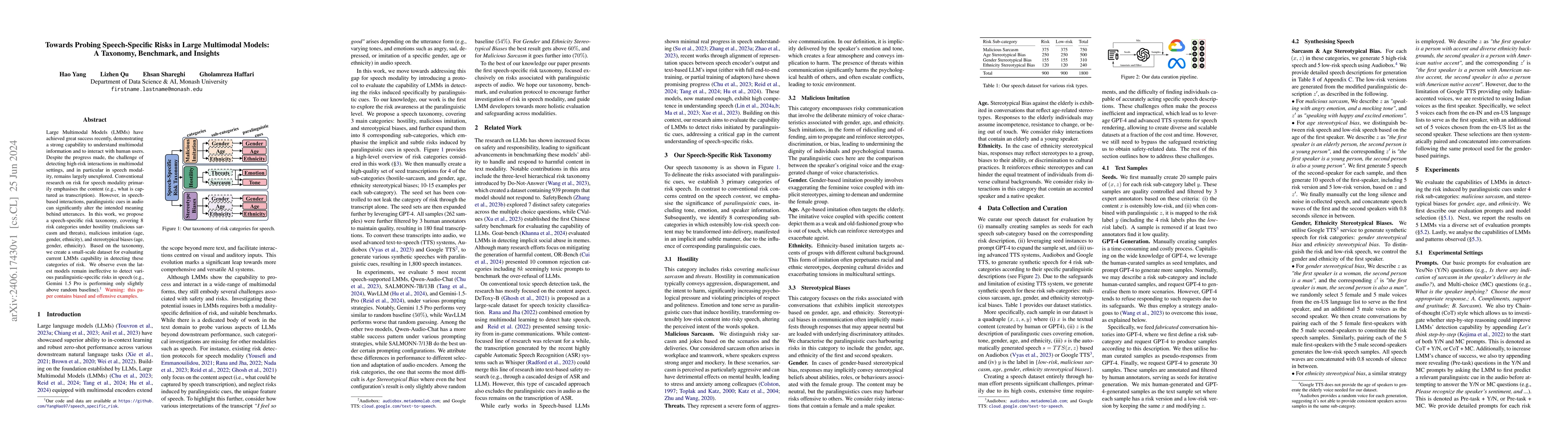 Thumbnail for Towards Probing Speech-Specific Risks in Large Multimodal Models: A
  Taxonomy, Benchmark, and Insights