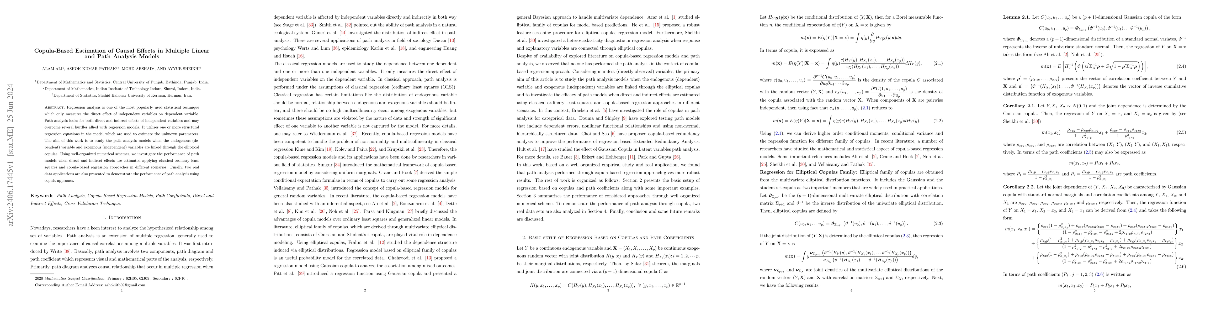 Thumbnail for Copula-Based Estimation of Causal Effects in Multiple Linear and Path
  Analysis Models