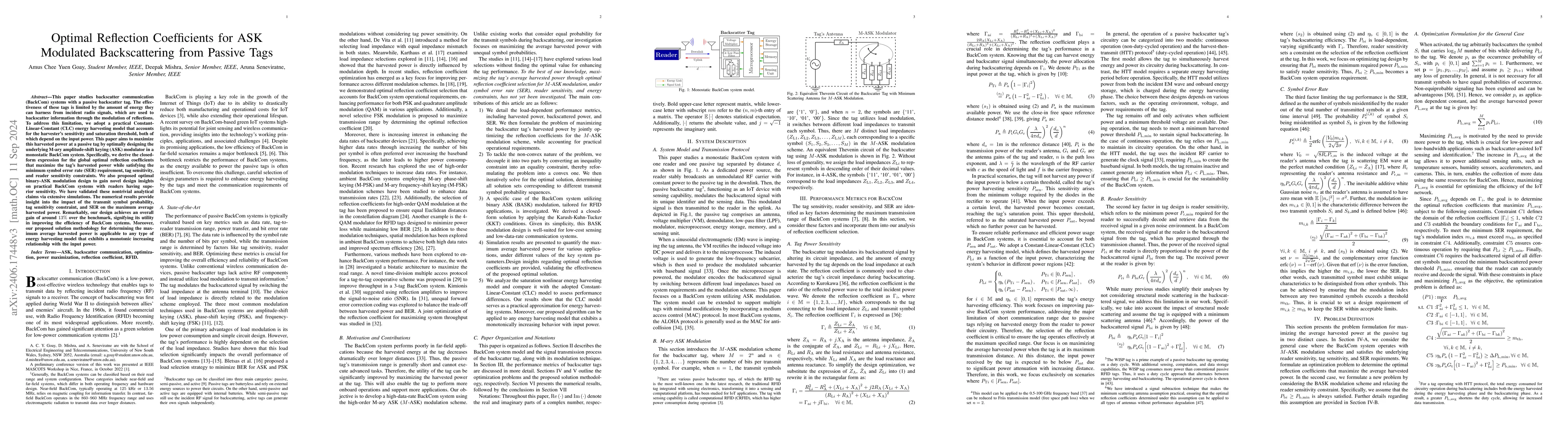 Thumbnail for Optimal Reflection Coefficients for ASK Modulated Backscattering from
  Passive Tags