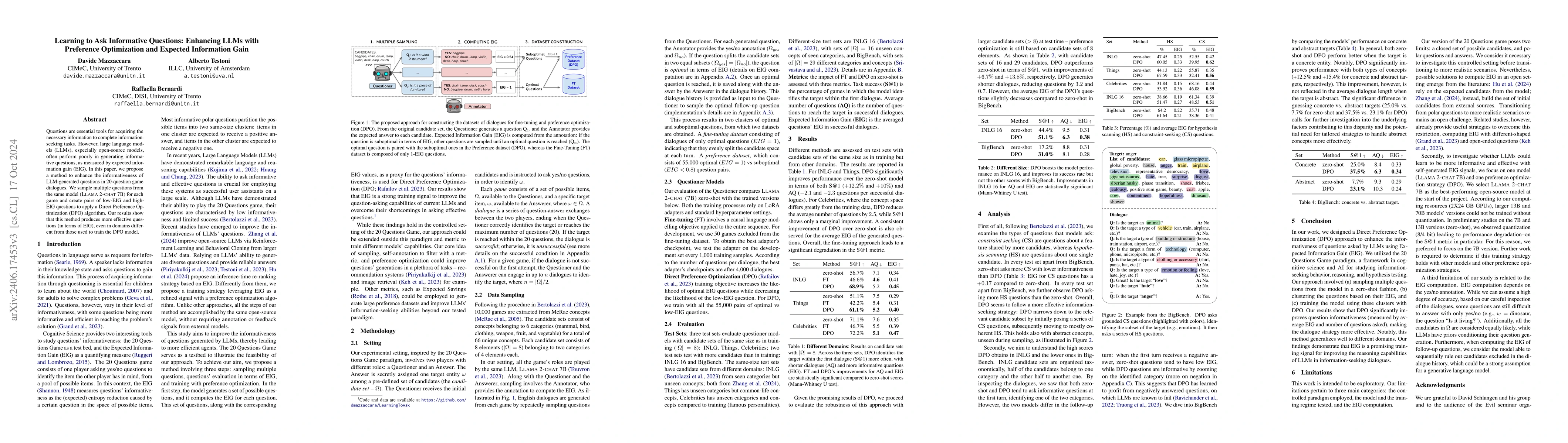 Thumbnail for Learning to Ask Informative Questions: Enhancing LLMs with Preference
  Optimization and Expected Information Gain