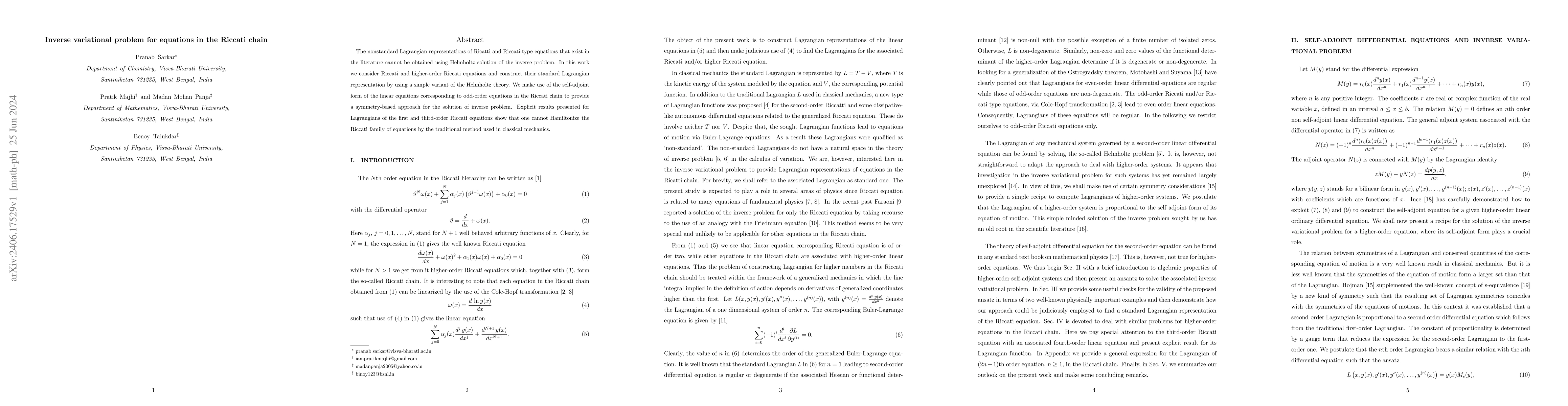 Thumbnail for Inverse variational problem for equations in the Riccati chain
