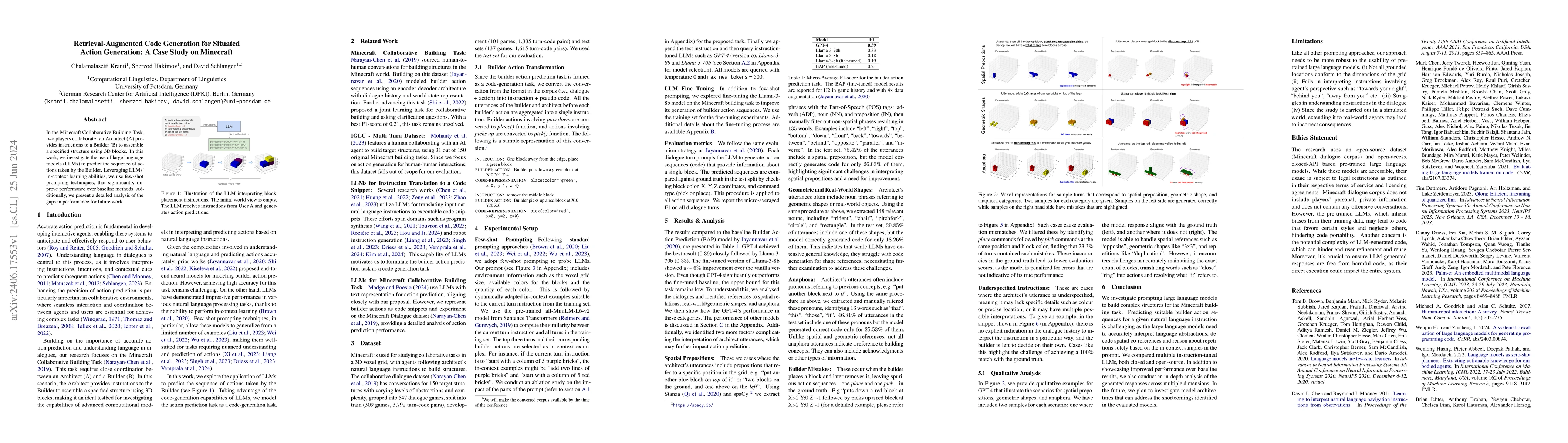 Thumbnail for Retrieval-Augmented Code Generation for Situated Action Generation: A
  Case Study on Minecraft