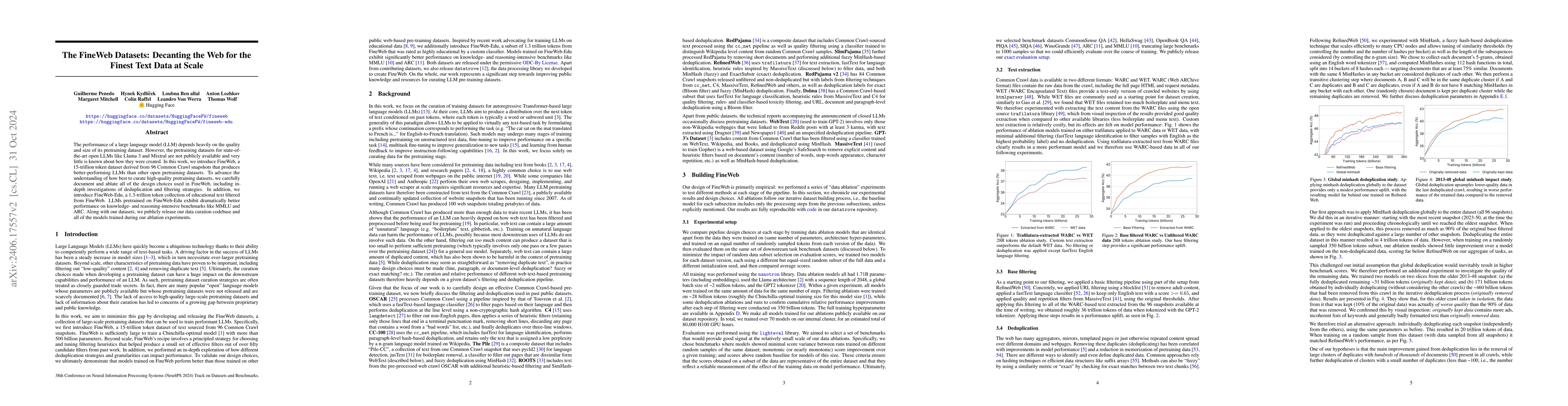 Thumbnail for The FineWeb Datasets: Decanting the Web for the Finest Text Data at
  Scale