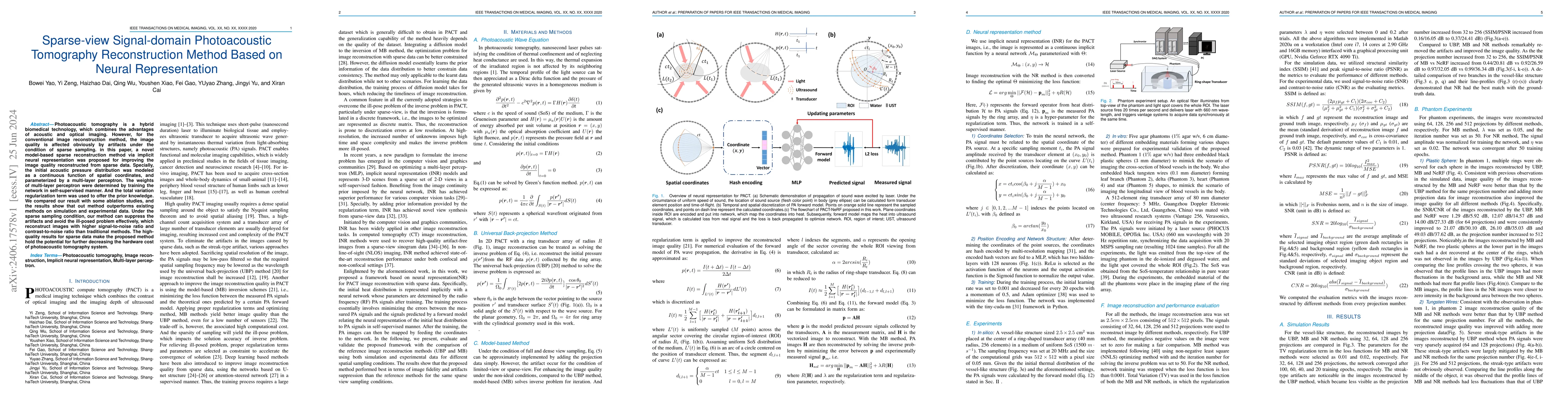Thumbnail for Sparse-view Signal-domain Photoacoustic Tomography Reconstruction Method
  Based on Neural Representation