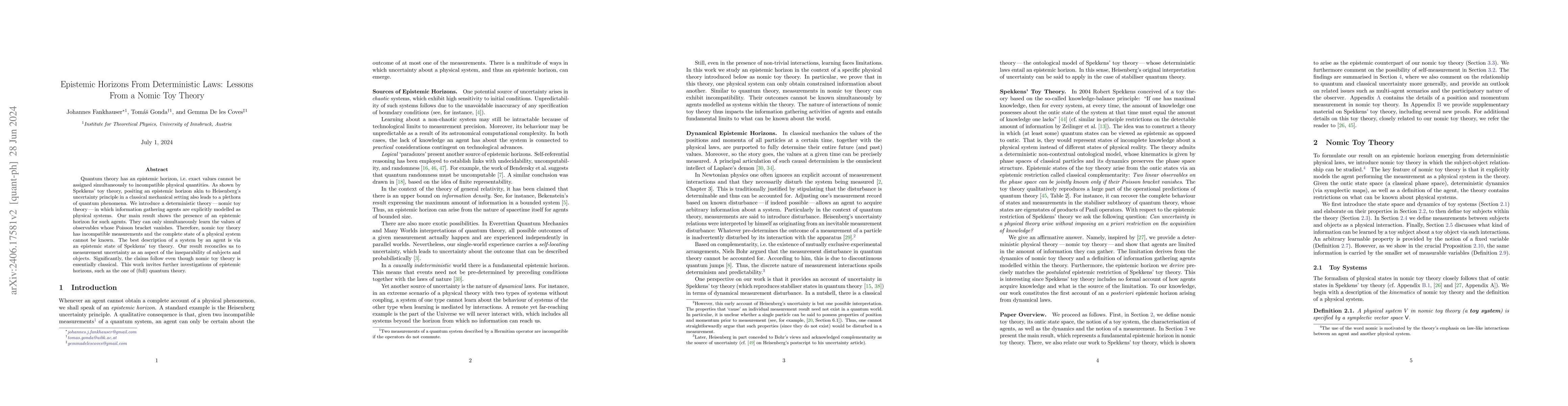 Thumbnail for Epistemic Horizons From Deterministic Laws: Lessons From a Nomic Toy
  Theory