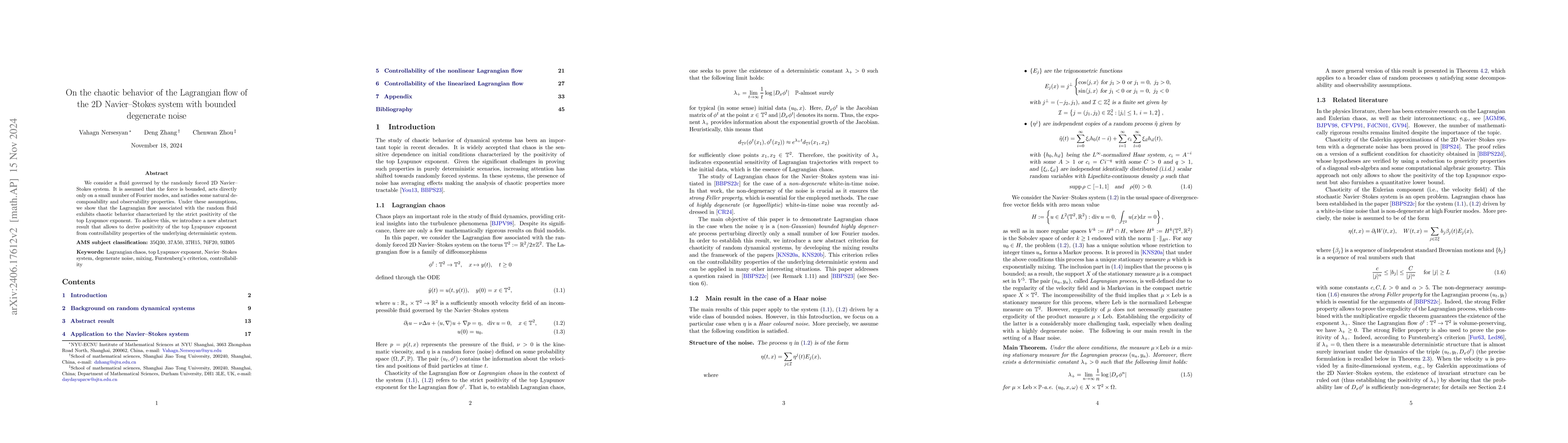 Thumbnail for On the chaotic behavior of the Lagrangian flow of the 2D Navier-Stokes
  system with bounded degenerate noise