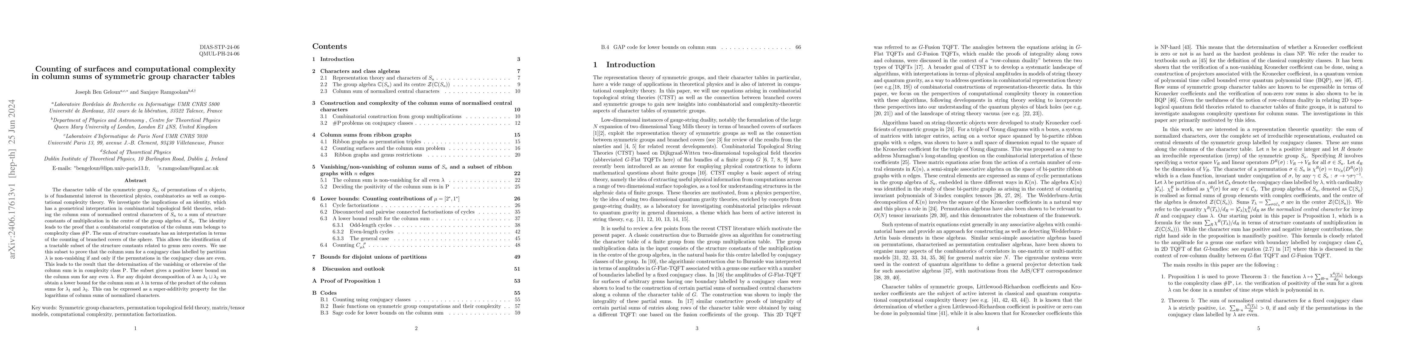 Thumbnail for Counting of surfaces and computational complexity in column sums of
  symmetric group character tables