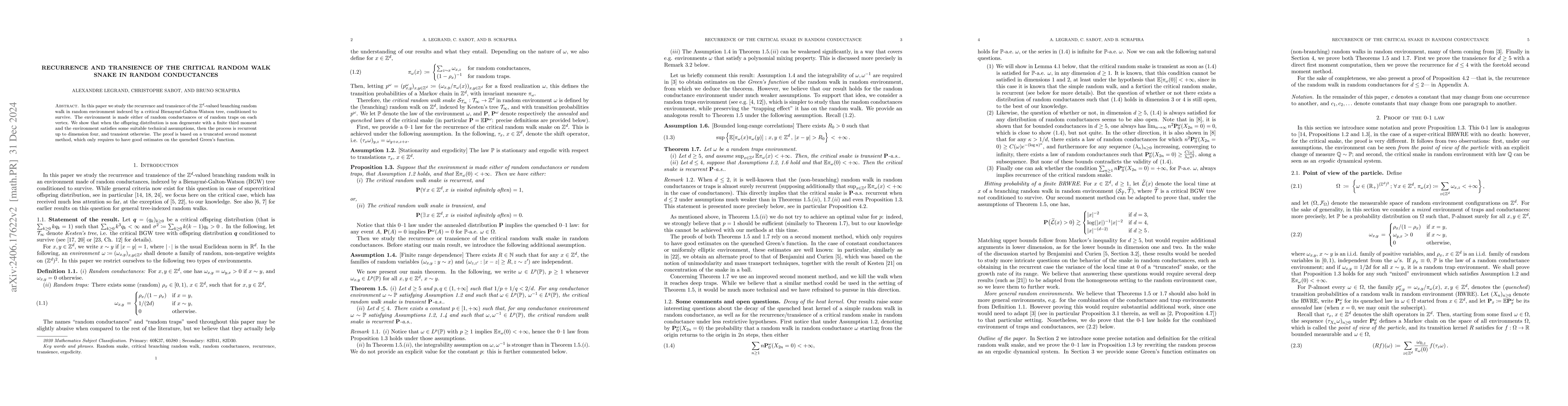 Thumbnail for Recurrence and transience of the critical random walk snake in random
  conductances