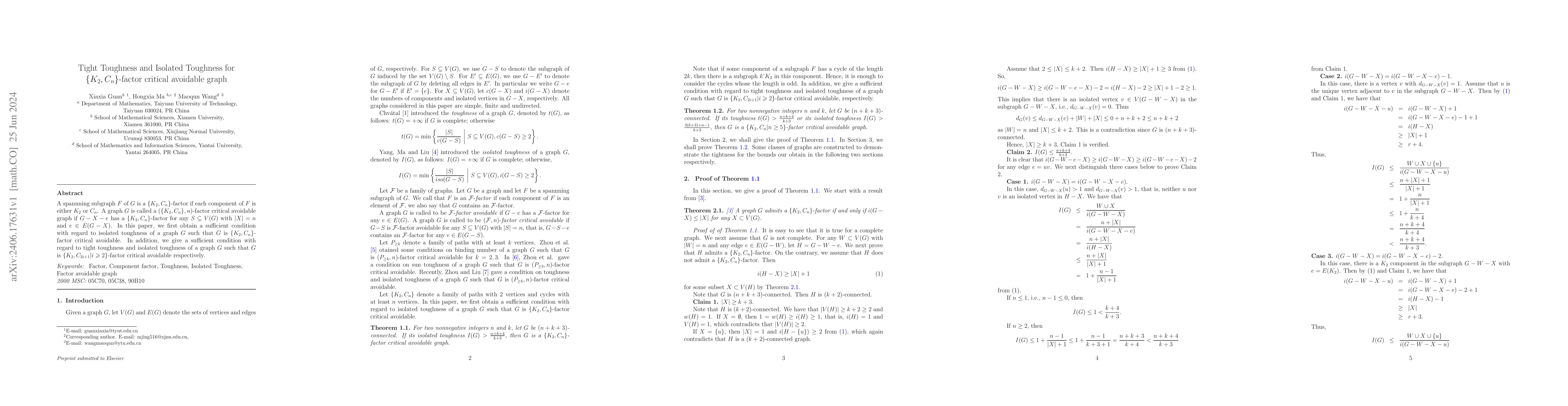 Thumbnail for Tight Toughness and Isolated Toughness for $\{K_2,C_n\}$-factor critical
  avoidable graph
