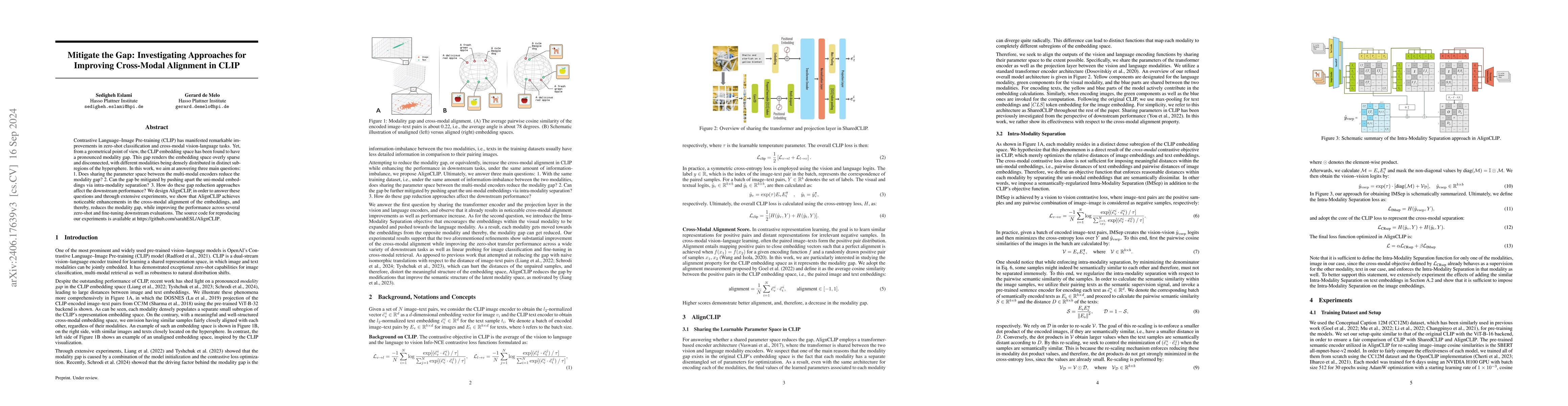 Thumbnail for Mitigate the Gap: Investigating Approaches for Improving Cross-Modal
  Alignment in CLIP