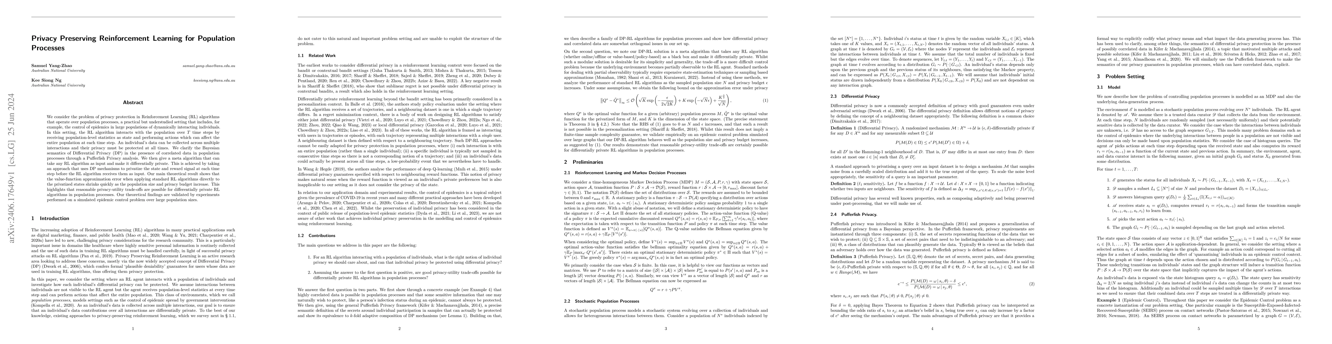 Thumbnail for Privacy Preserving Reinforcement Learning for Population Processes