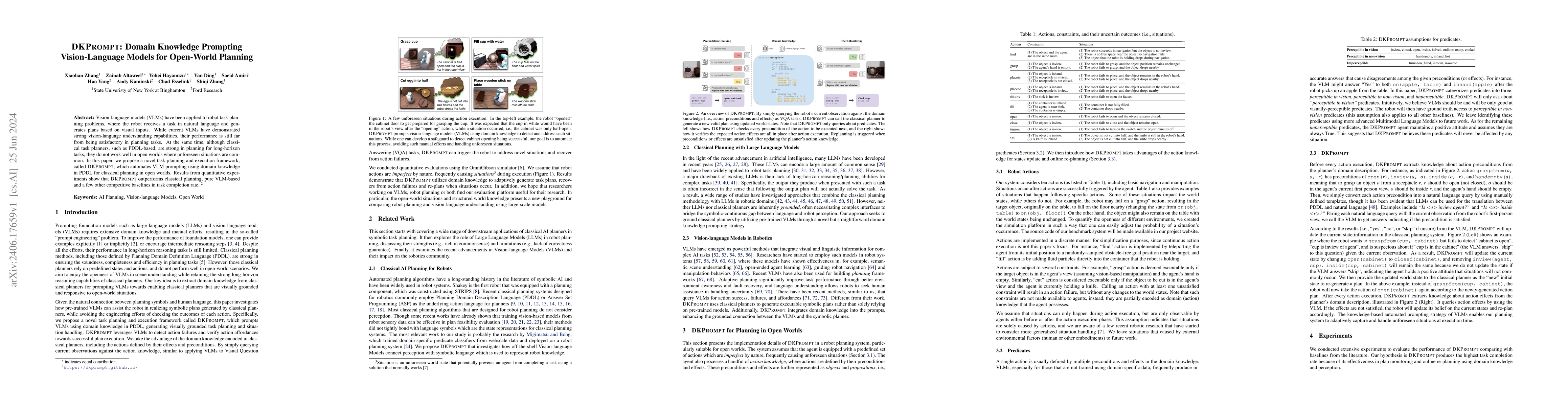 Thumbnail for DKPROMPT: Domain Knowledge Prompting Vision-Language Models for
  Open-World Planning
