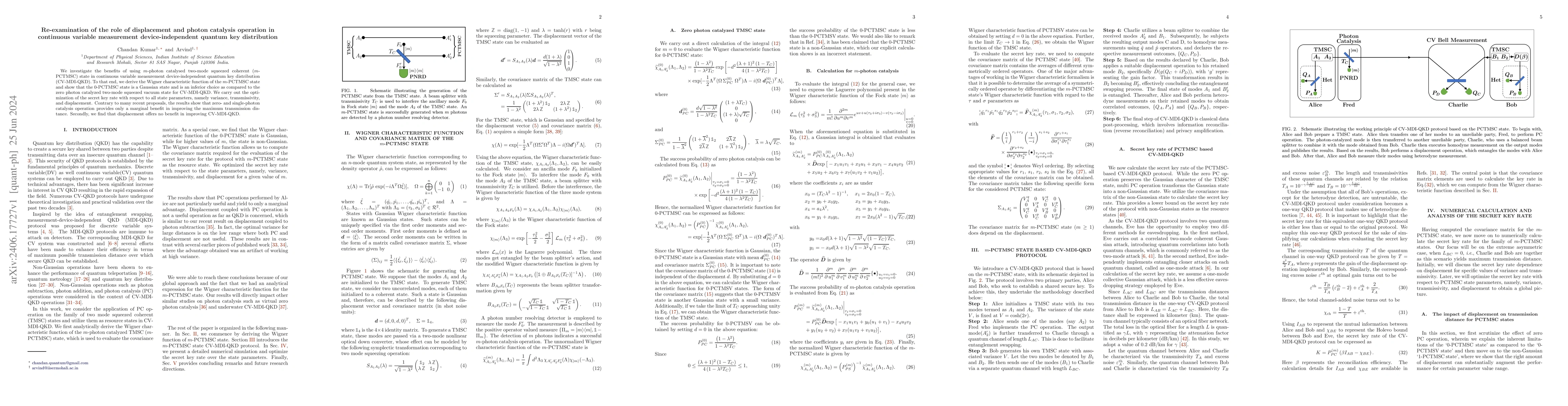 Thumbnail for Re-examination of the role of displacement and photon catalysis
  operation in continuous variable measurement device-independent quantum key
  distribution