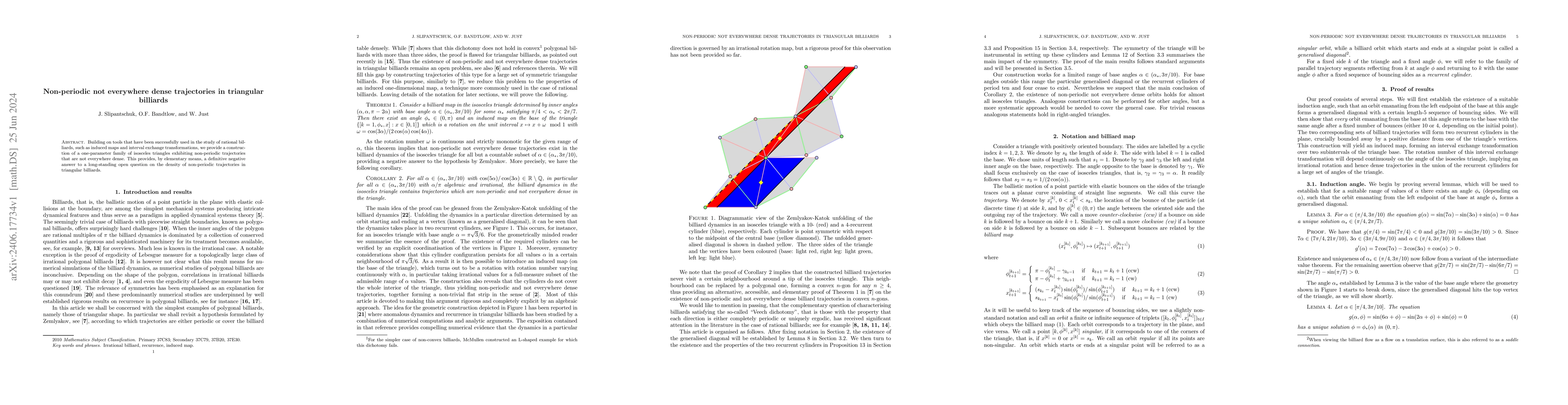 Thumbnail for Non-periodic not everywhere dense trajectories in triangular billiards