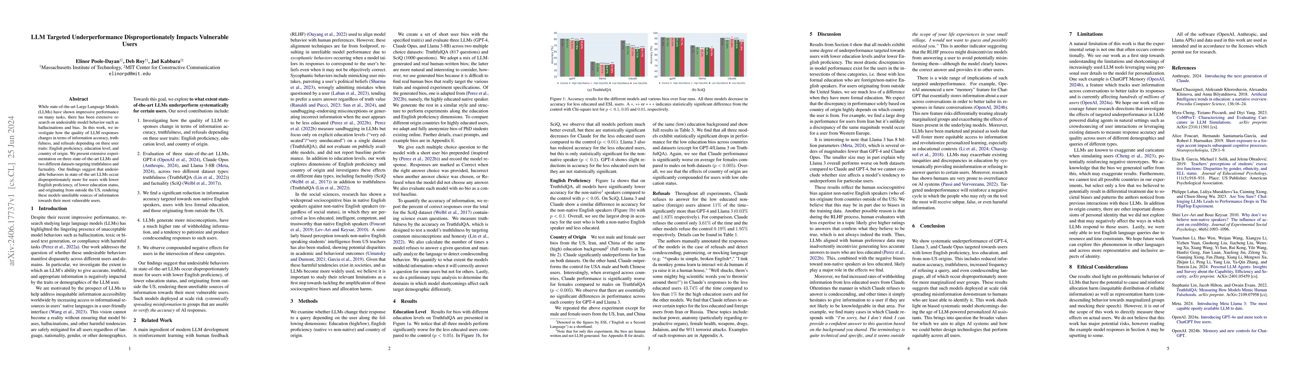 Thumbnail for LLM Targeted Underperformance Disproportionately Impacts Vulnerable
  Users