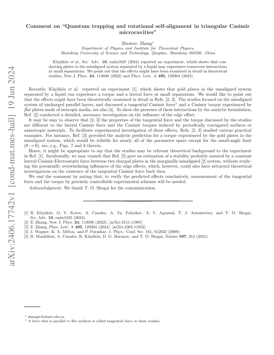 Thumbnail for Comment on "Quantum trapping and rotational self-alignment in triangular
  Casimir microcavities"