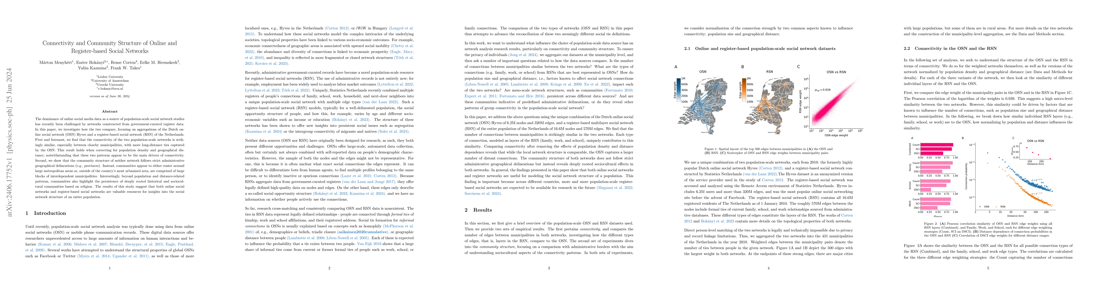 Thumbnail for Connectivity and Community Structure of Online and Register-based Social
  Networks