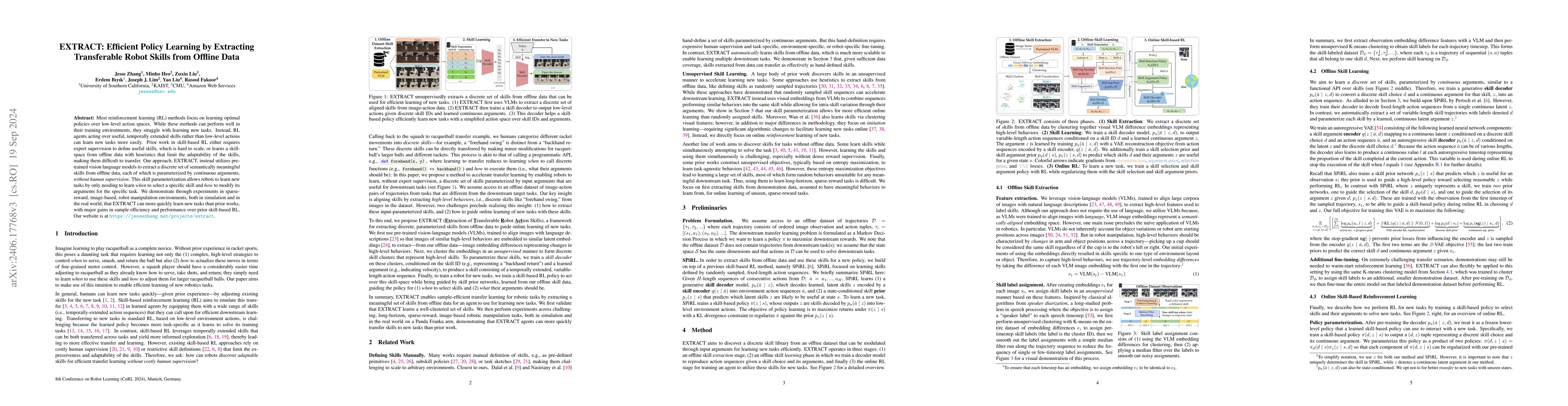 Thumbnail for EXTRACT: Efficient Policy Learning by Extracting Transferrable Robot
  Skills from Offline Data