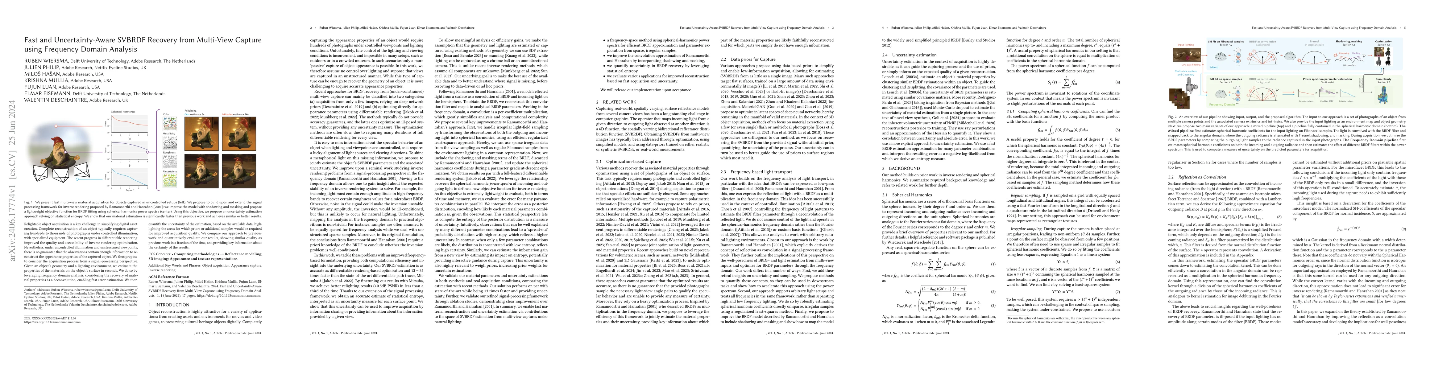 Thumbnail for Fast and Uncertainty-Aware SVBRDF Recovery from Multi-View Capture using
  Frequency Domain Analysis