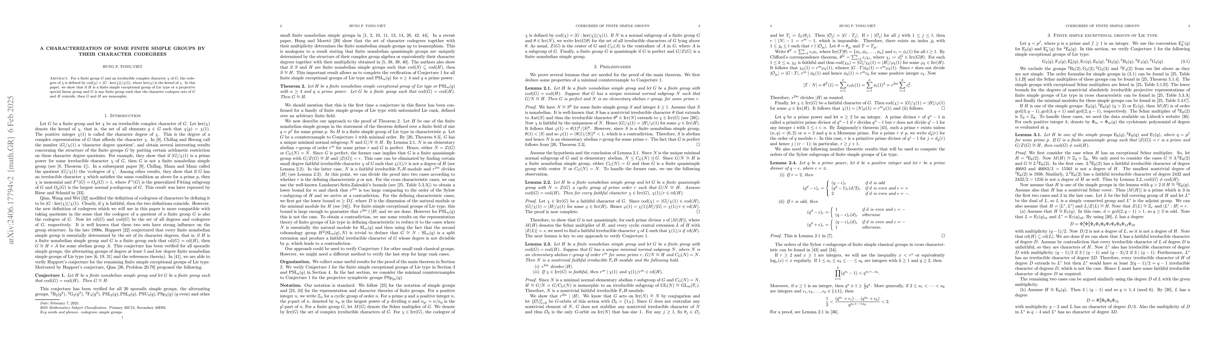 Thumbnail for A characterization of some finite simple groups by their character
  codegrees